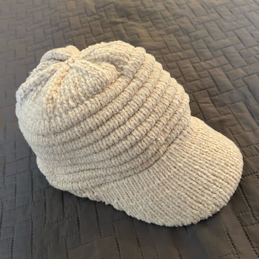 Ivory Cable Knit Beanie Hat with Brim